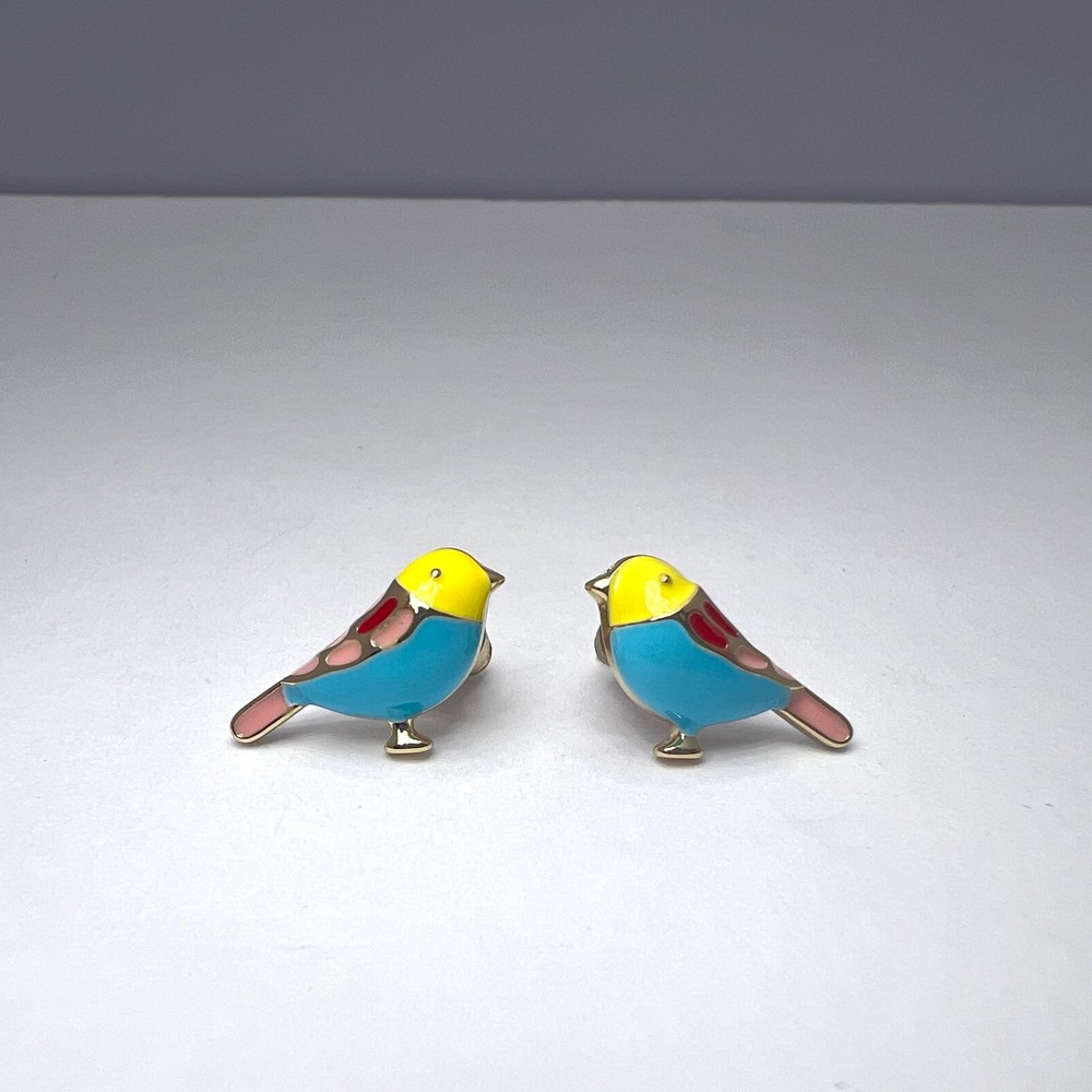 Gold Tone Blue Bird Stud Earrings Enamel Yellow Pink Whimsical Fairy Nature Boho